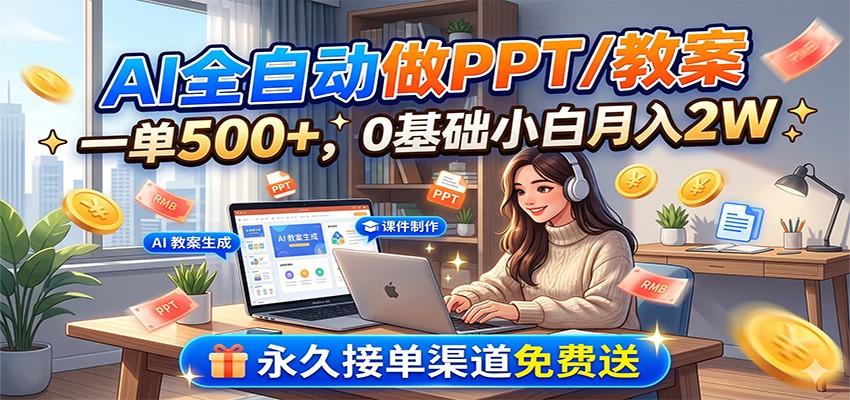 AI全自动做PPT/教案,一单500+,0基础小白月入2W,永久接单渠道免费送