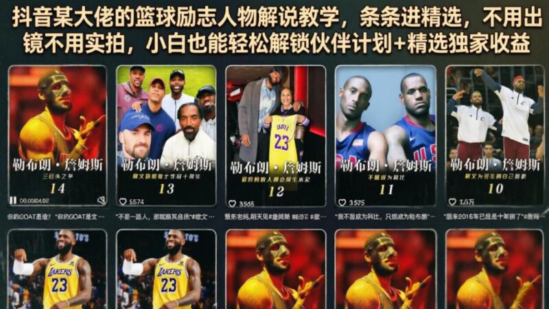 抖音某大佬的篮球励志人物解说教学,条条进精选,不用出镜不用实拍,小白也能轻松解锁伙伴计划+精选独家收益-三零资源