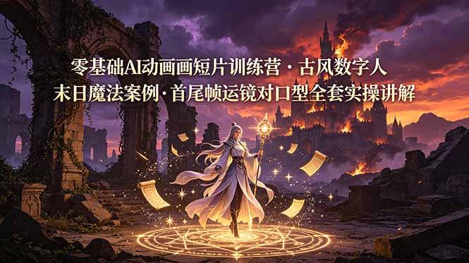 零基础AI动画短片训练营,古风数字人末日魔法案例,首尾帧运镜对口型全套实操讲解-三零资源