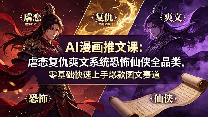 AI漫画推文课:虐恋复仇爽文系统恐怖仙侠全品类,零基础快速上手爆款图文赛道-三零资源