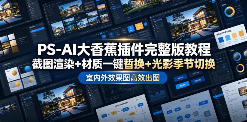 PS-AI大香蕉插件完整版教程,截图渲染+材质一键替换+光影季节切换,室内外效果图高效出图高阶课程
