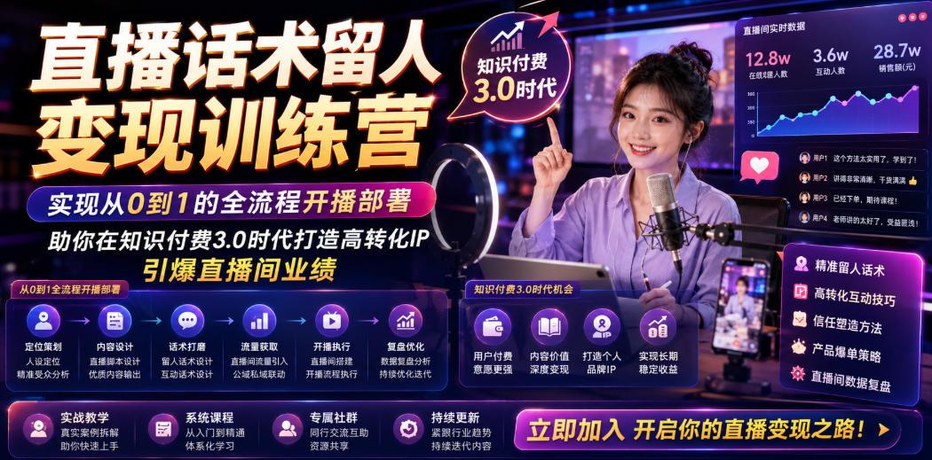 直播话术留人变现训练营,实现从0到1的全流程开播部署,助你在知识付费3.0时代打造高转化IP,引爆直播间业绩