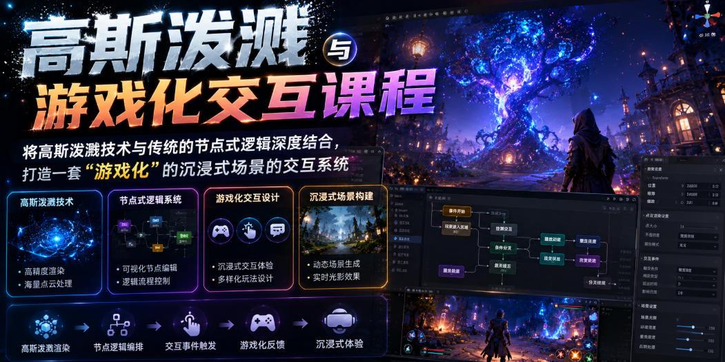 高斯泼溅与游戏化交互课程,将高斯泼溅技术与传统的节点式逻辑深度结合,打造一套“游戏化”的沉浸式场景的交互系统