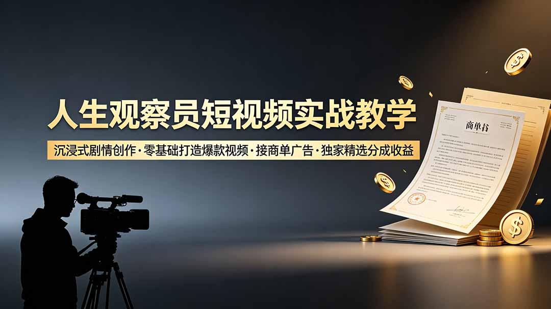 人生观察员短视频实战教学,沉浸式剧情创作,零基础打造爆款视频,接商单广告,独家精选分成收益