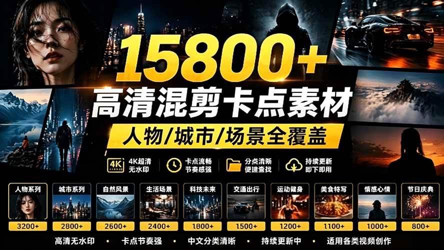 【影视剪辑素材合集】15800+高清混剪卡点|热门影视精彩片段|人物/城市/场景全覆盖,中文分类清晰