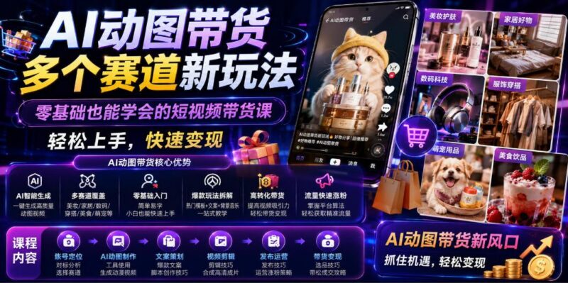 AI动图带货多个赛道新玩法,零基础也能学会的短视频带货课,轻松上手,快速变现-三零资源