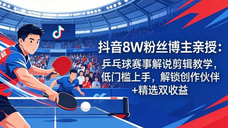 抖音8W粉丝博主亲授:乒乓球赛事解说剪辑教学,低门槛上手,解锁创作伙伴+精选双收益-三零资源