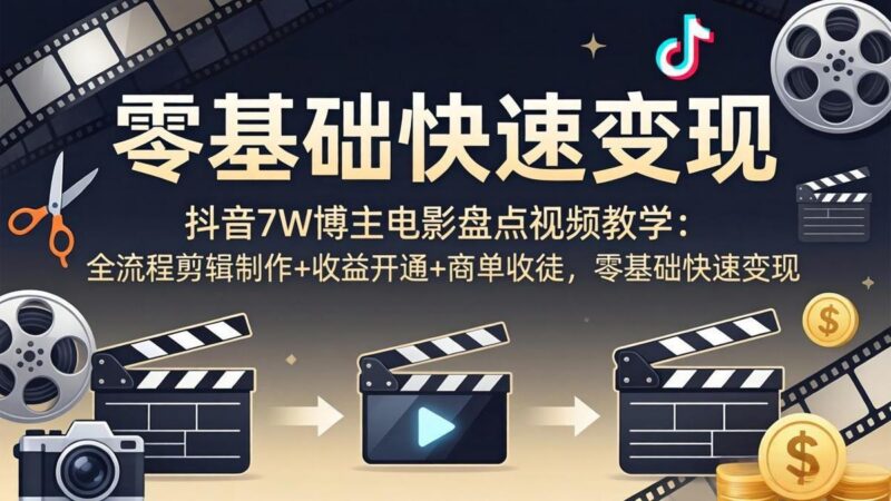 抖音7W博主电影盘点视频教学：全流程剪辑制作+收益开通+商单收徒，零基础快速变现-三零资源