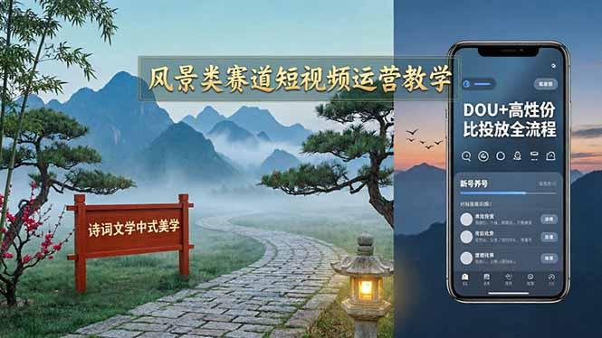 风景类赛道短视频运营教学：诗词文学中式美学，新号养号对标账号定位，DOU+高性价比投放全流程-三零资源