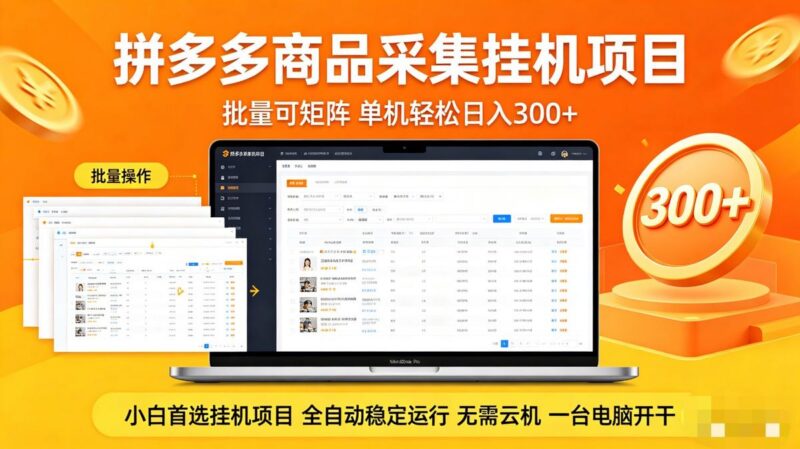 拼多多商品采集全自动挂机玩法 批量可矩阵 单机轻松日入300+-三零资源