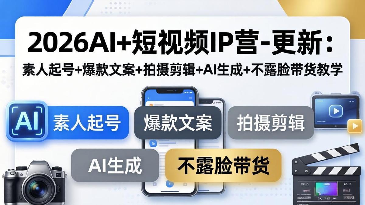 2026AI+短视频IP营-更新:素人起号+爆款文案+拍摄剪辑+AI生成+不露脸带货教学