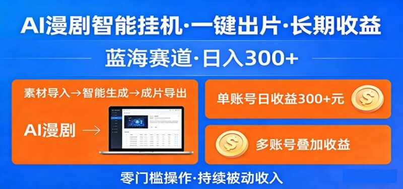 AI漫剧智能挂机,一键出片,长期收益,蓝海赛道,日入300+-三零资源