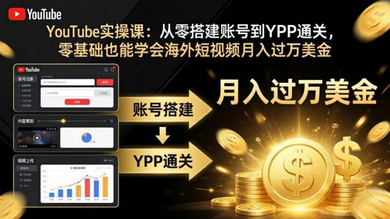 YouTube实操课:从零搭建账号到YPP通关,零基础也能学会海外短视频月入过万美金-三零资源