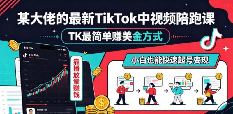 某大佬的最新TikTok中视频陪跑课,TK最简单賺美金方式,靠播放量賺钱,小白也能快速起号变现-三零资源