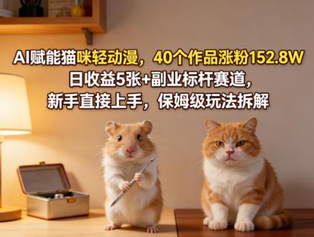 AI赋能猫咪轻动漫，40个作品涨粉152.8W，日收益5张+副业标杆赛道，新手直接上手，保姆级玩法拆解-三零资源