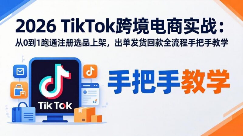 2026TikTok跨境电商实战:从0到1跑通注册选品上架,出单发货回款全流程手把手教学-三零资源