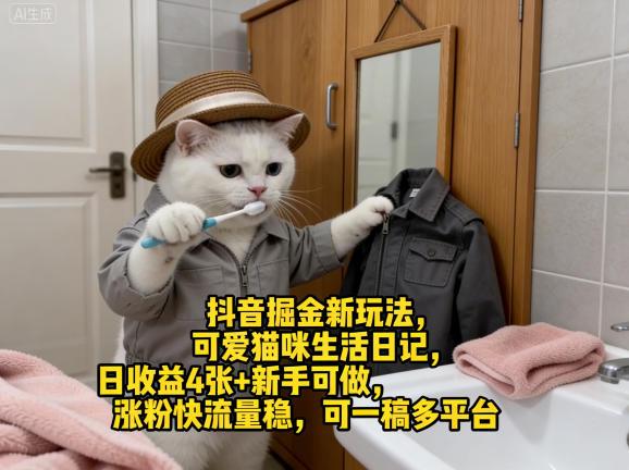 抖音掘金新玩法,可爱猫咪生活日记,日收益4张+新手可做,涨粉快流量稳,可一稿多平台-三零资源
