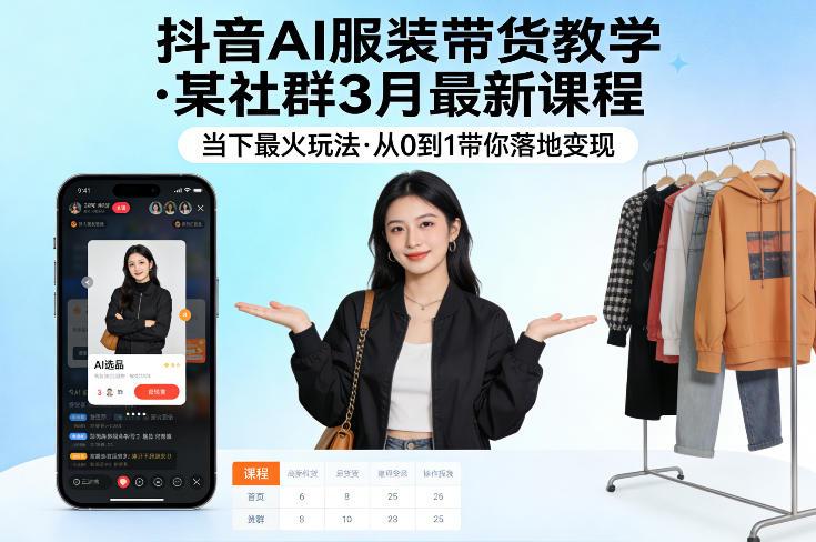 抖音AI服装带货教学,某社群3月最新课程,当下最火玩法,从0到1带你落地变现-三零资源