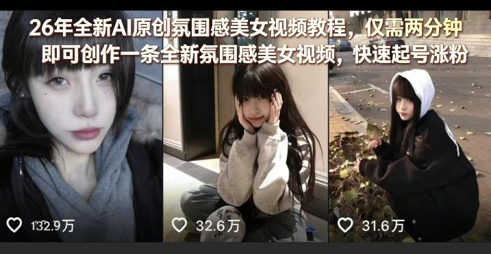 26年全新AI原创氛围感美女视频教程,仅需两分钟即可创作一条全新氛围感美女视频,快速起号涨粉-三零资源