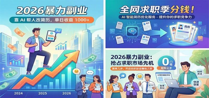 2026暴力副业：靠AI帮人改简历，单日收益1000+，全网求职季分钱-三零资源