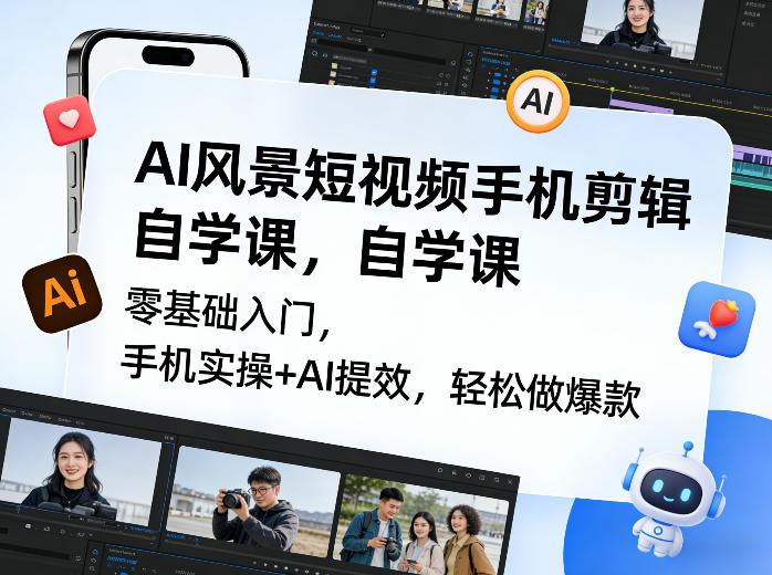 AI风景短视频手机剪辑自学课,零基础入门,手机实操+AI提效,轻松做爆款-三零资源