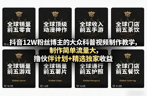 抖音12W粉丝博主的大众科普视频制作教学，制作简单流量大，撸伙伴计划+精选独家收益