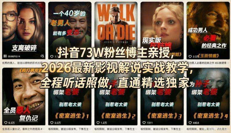 抖音73W粉丝博主亲授，2026最新影视解说实战教学，全程听话照做，直通精选独家-三零资源