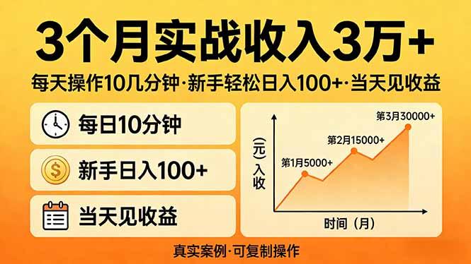 3个月实战收入3万+,每天操作10几分钟,新手轻松日入100+,当天见收益-三零资源