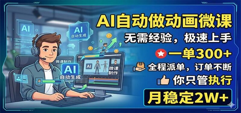 AI自动做动画微课，一单300+，全程派单，你只管执行，月稳定2W+-三零资源