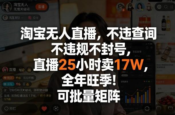 淘宝无人直播,不违规不封号,直播25小时卖17W,全年旺季!可批量矩阵【揭秘】-三零资源