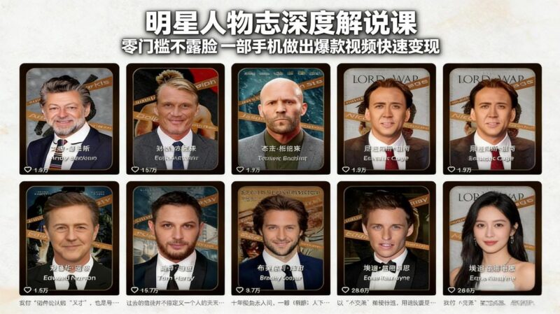 明星人物志深度解说课:零门槛不露脸,一部手机做出爆款视频快速变现-三零资源
