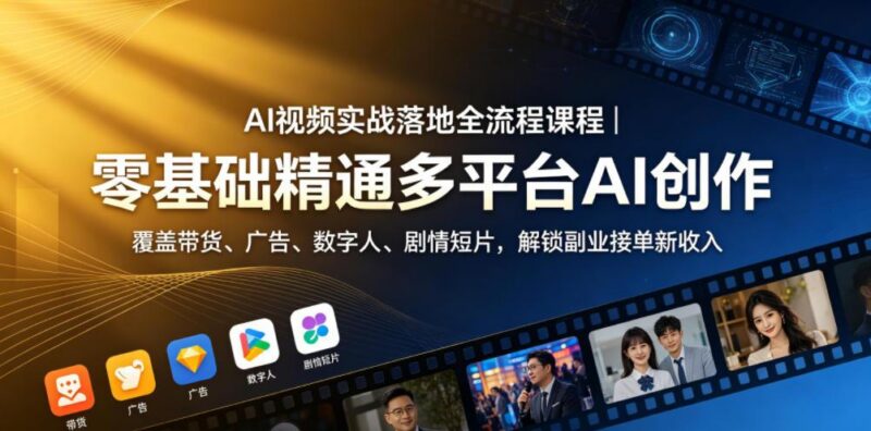 AI视频实战落地全流程课程|零基础精通多平台AI创作,覆盖带货、广告、数字人、剧情短片,解锁副业接单新收入