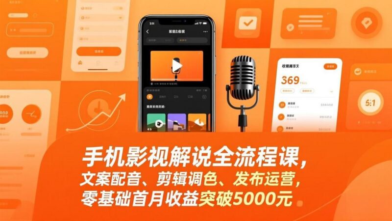 手机影视解说全流程课,文案配音、剪辑调色、发布运营,零基础首月收益突破5000元-三零资源