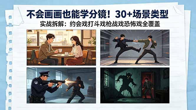 不会画画也能学分镜！30+场景类型实战拆解：约会戏打斗戏枪战戏恐怖戏全覆盖-三零资源