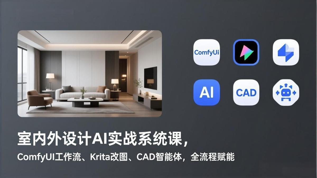 室内外设计AI实战系统课,ComfyUI工作流、Krita改图、CAD智能体,全流程赋能