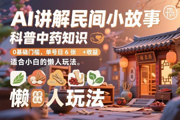AI讲解民间小故事,科普中药知识,0基础门槛,单号日6张+收益,适合小白的懒人玩法-三零资源