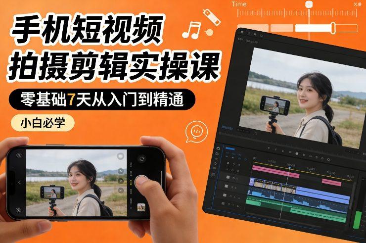 手机短视频拍摄剪辑实操课,零基础7天从入门到精通,小白必学-三零资源