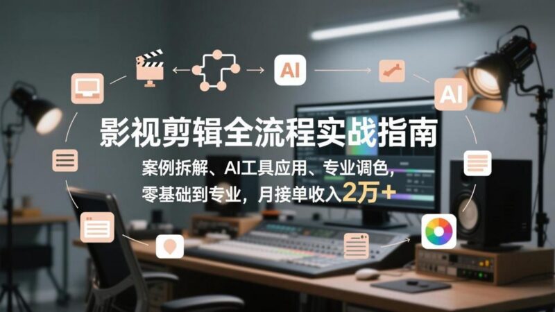 影视剪辑全流程实战指南,案例拆解、AI工具应用、专业调色,零基础到专业,月接单收入2万+-三零资源