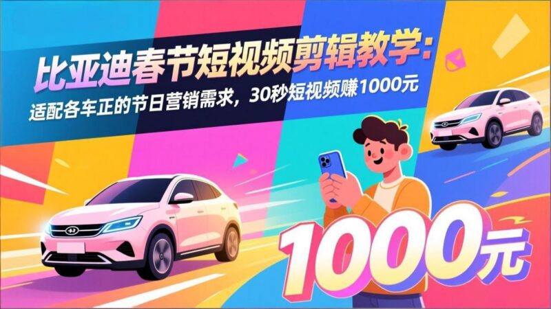 比亚迪春节短视频剪辑教学:适配各车企的节日营销需求,30秒短视频赚1000元-三零资源