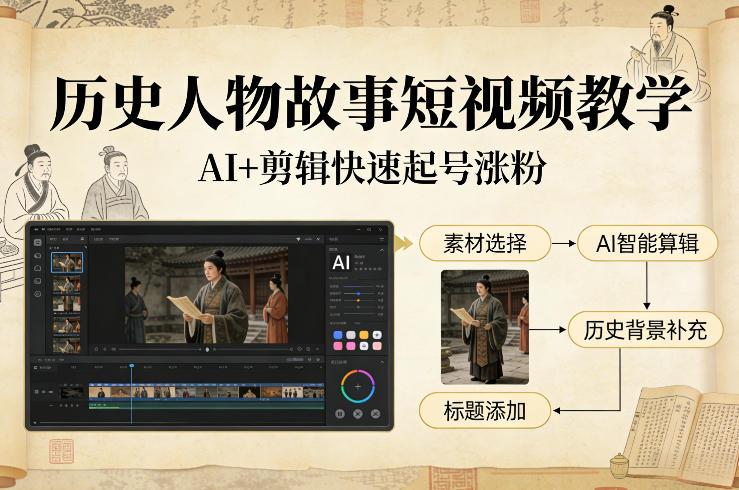 历史人物故事短视频教学,AI+剪辑制作历史人物题材短视频,快速起号涨粉-三零资源