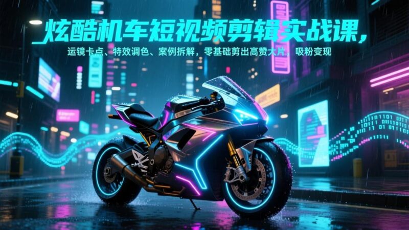 炫酷机车短视频剪辑实战课,运镜卡点、特效调色、案例拆解,零基础剪出高赞大片,吸粉变现-三零资源