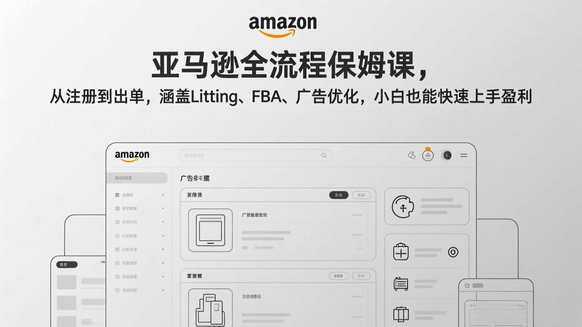 亚马逊全流程保姆课，从注册到出单，涵盖Listing、FBA、广告优化，小白也能快速上手盈利