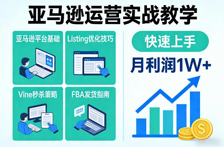 亚马逊运营实战教学,亚马逊平台+Listing优化+Vine秒杀+FBA发货等,快速上手,实现店铺月利润1W-三零资源