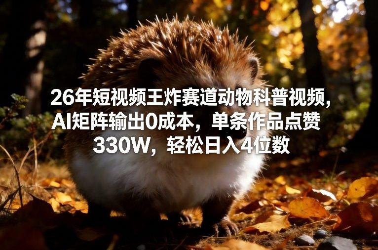 26年短视频王炸赛道动物科普视频，AI矩阵输出0成本，单条作品点赞330W，轻松日入4位数-三零资源