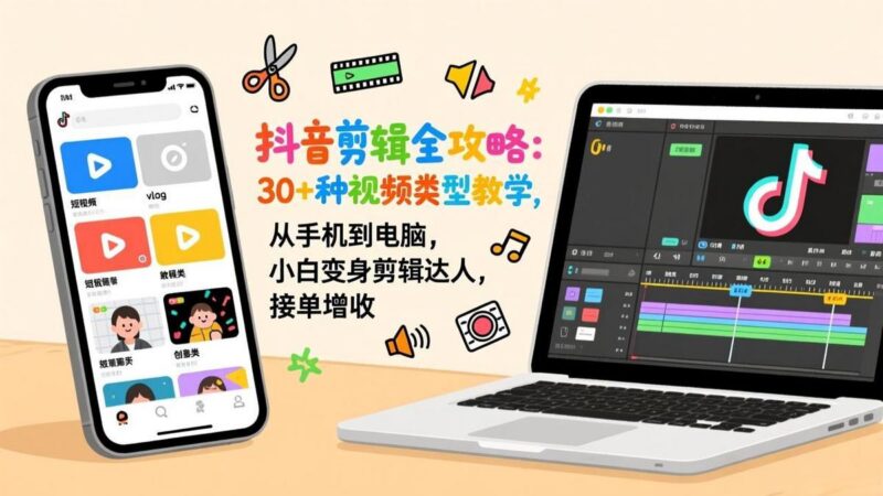 抖音剪辑全攻略:30+种视频类型教学,从手机到电脑,小白变身剪辑达人,接单增收-三零资源