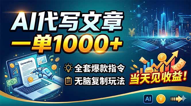 AI代写文章，一单1000+，全套爆款指令+无脑复制玩法，当天见收益！-三零资源