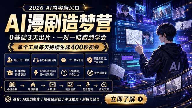 AI漫剧造梦营:0基础3天出片,单个工具每天持续生成400秒视频-三零资源