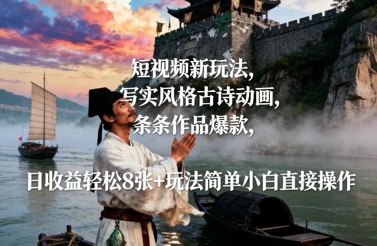 短视频新玩法，写实风格古诗动画，条条作品爆款，日收益轻松8张+玩法简单小白直接操作-三零资源