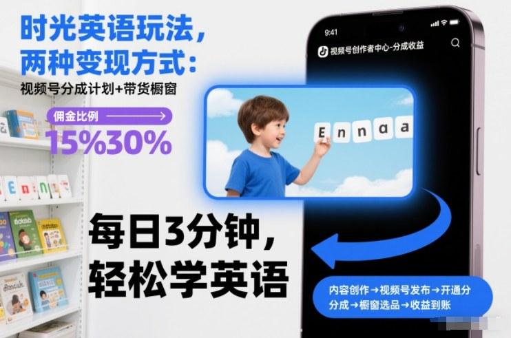 时光英语玩法,两种变现方式:视频号分成计划+带货橱窗-三零资源