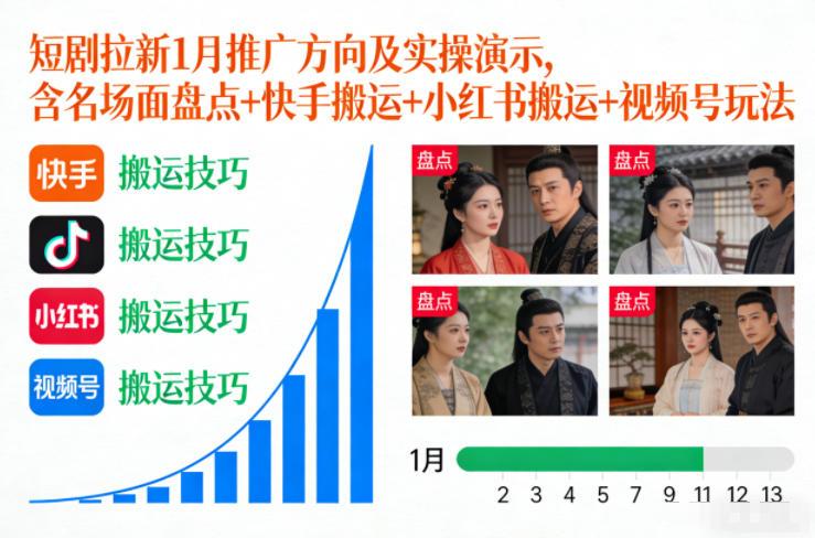 短剧拉新1月推广方向及实操演示，含名场面盘点+快手搬运+小红书搬运+视频号玩法-三零资源